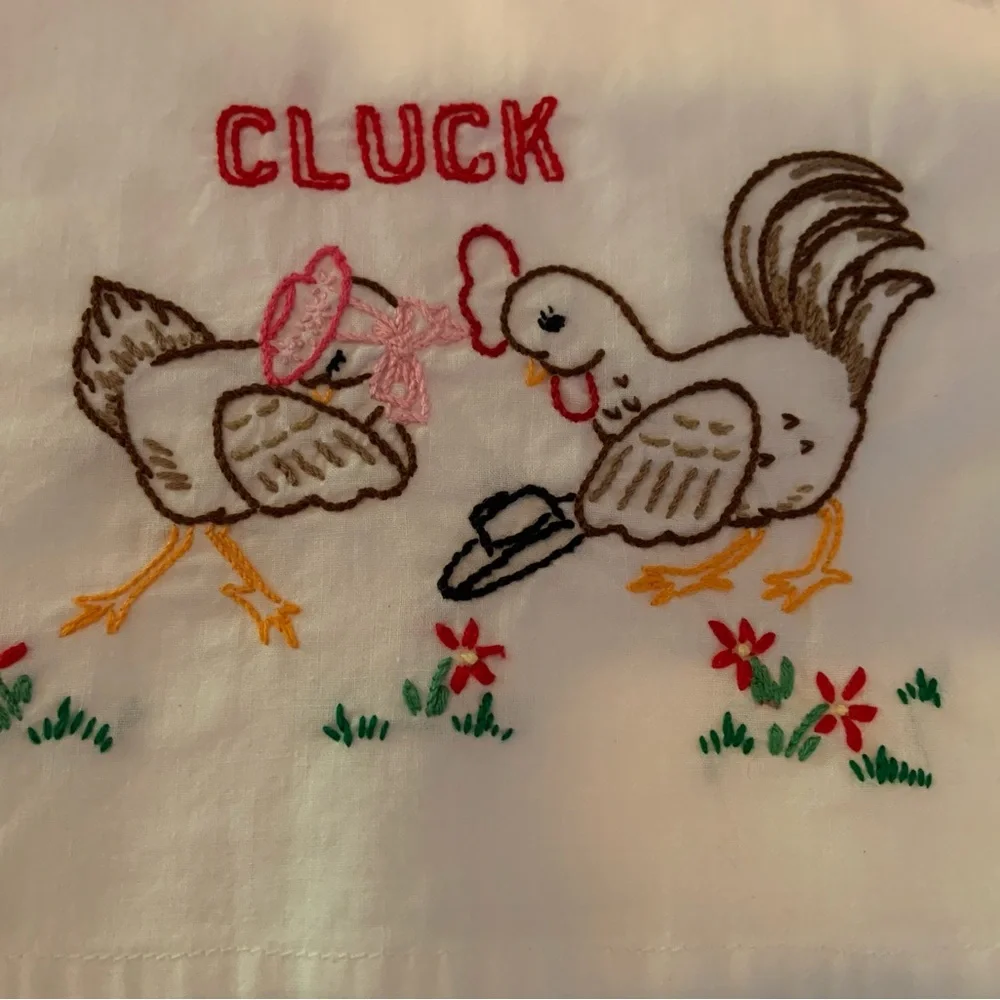 Vintage Hand Embroidered Chicken Design Flour Sack Kitchen Towels Set Of 5